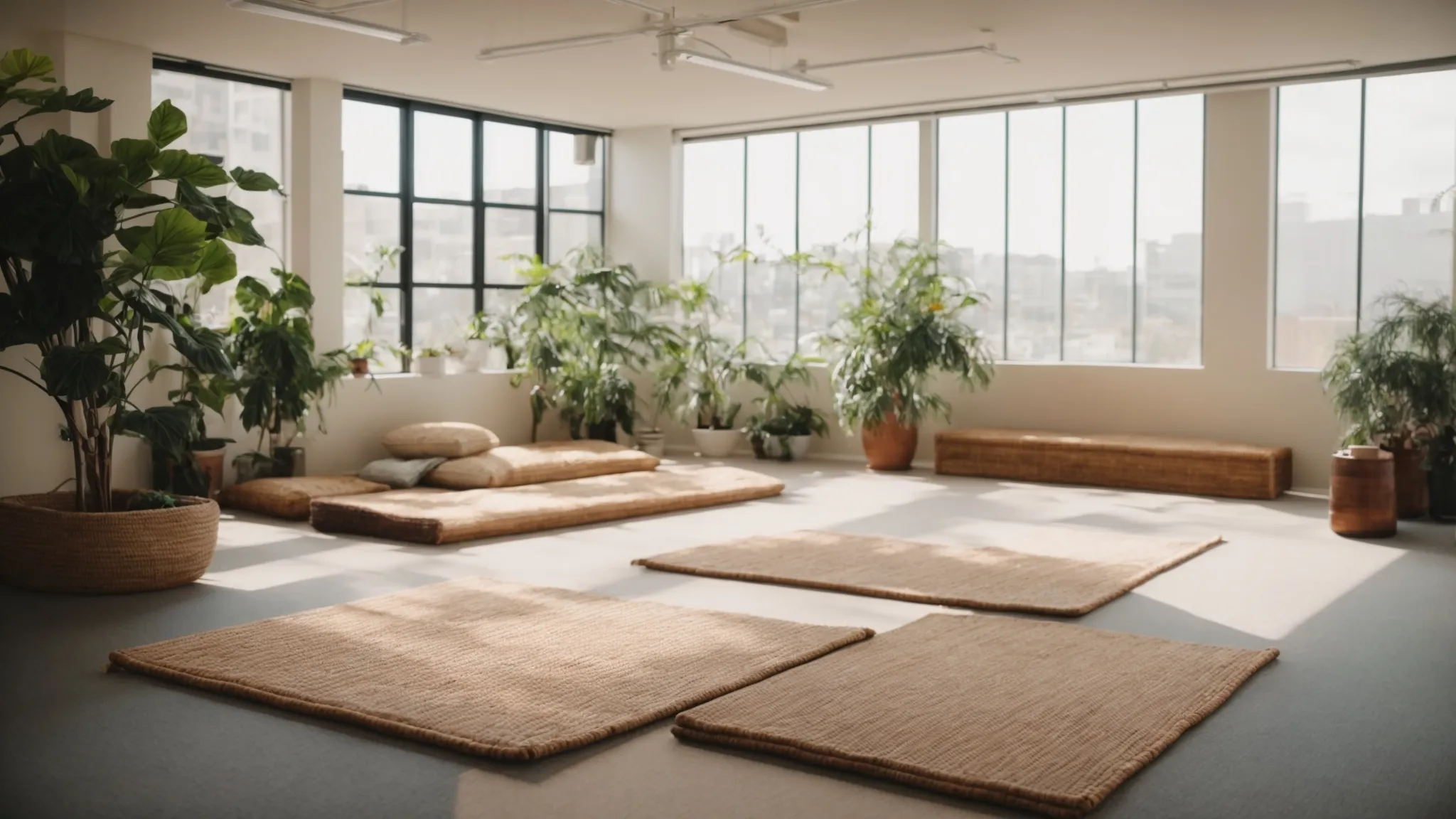 a tranquil office space turned into a meditation room with mats on the floor, soft lighting, and plants, where employees gather in silence.