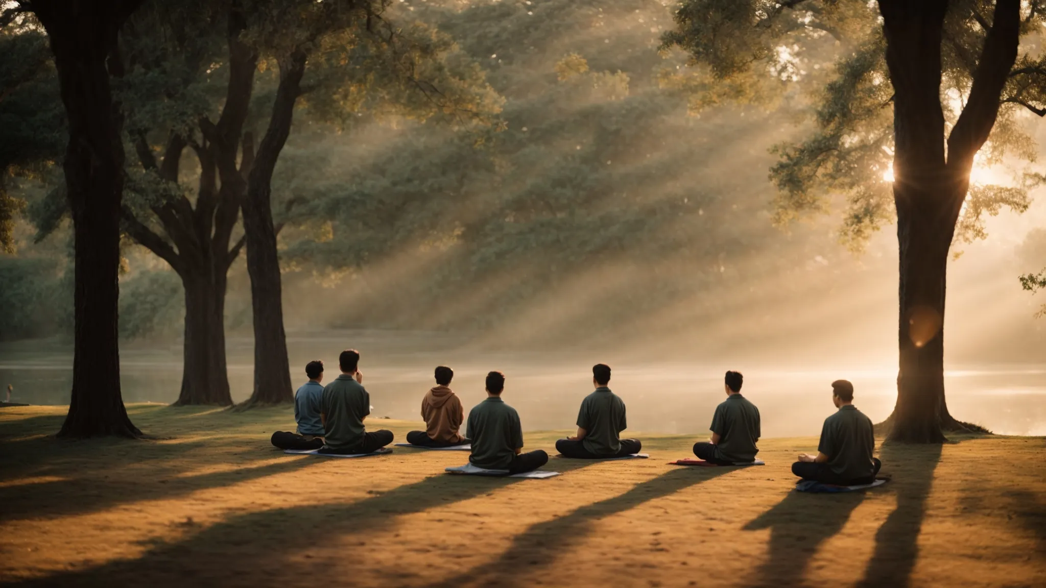 a group of people meditating in a serene park at sunrise.