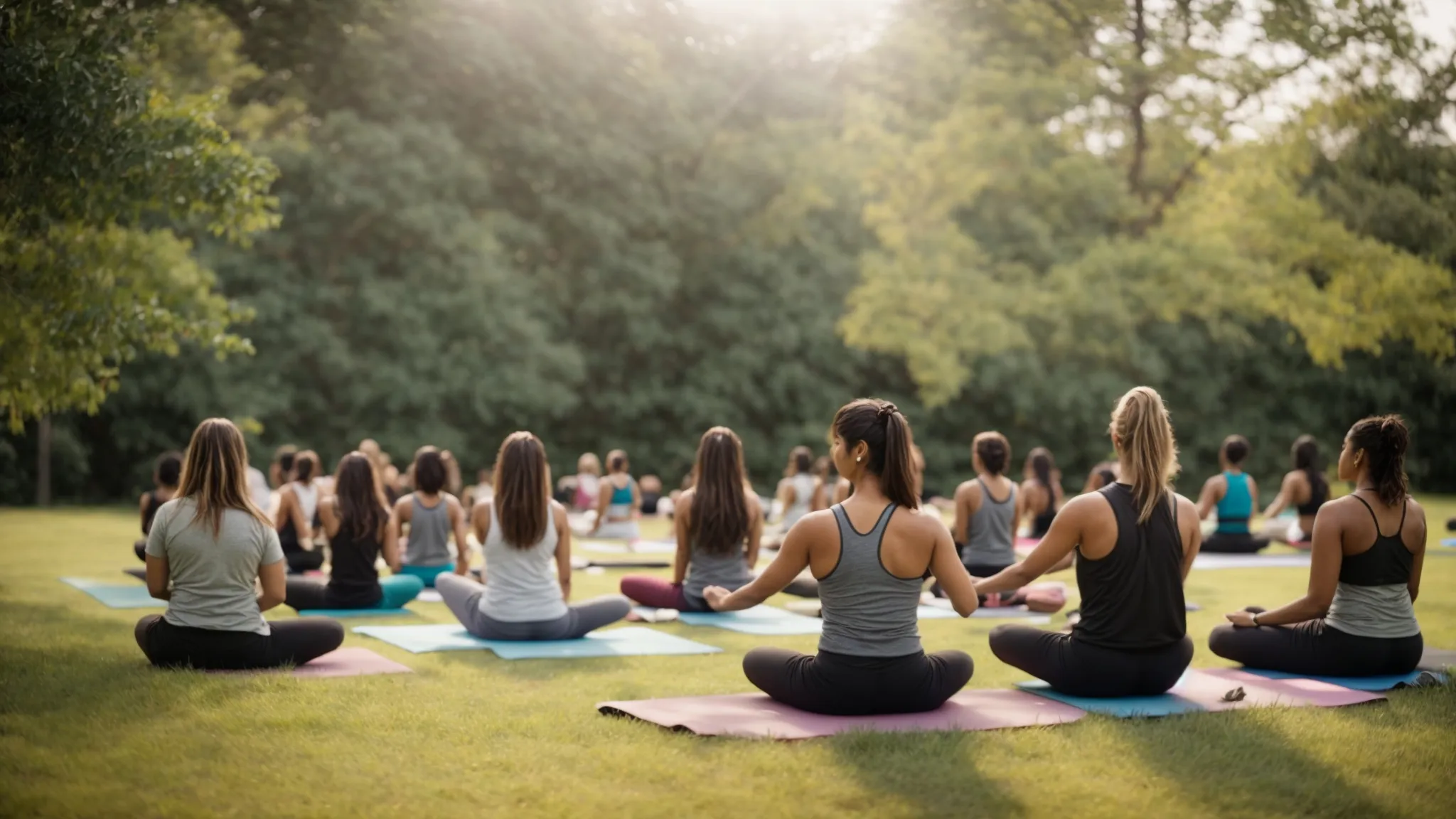 a vibrant group of employees participates in a serene, outdoor yoga session, embodying the spirit of modern, holistic wellness programs. 