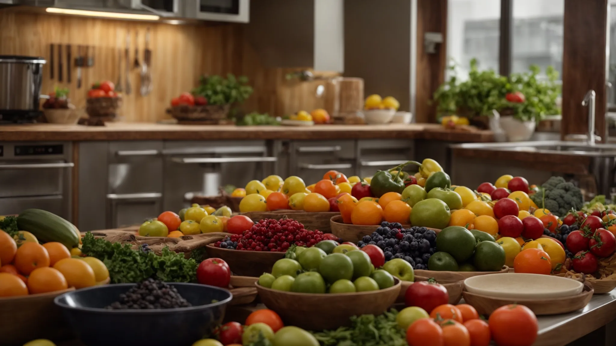 a vibrant workplace kitchen filled with a variety of colorful fruits and vegetables set up for a cooking class.
