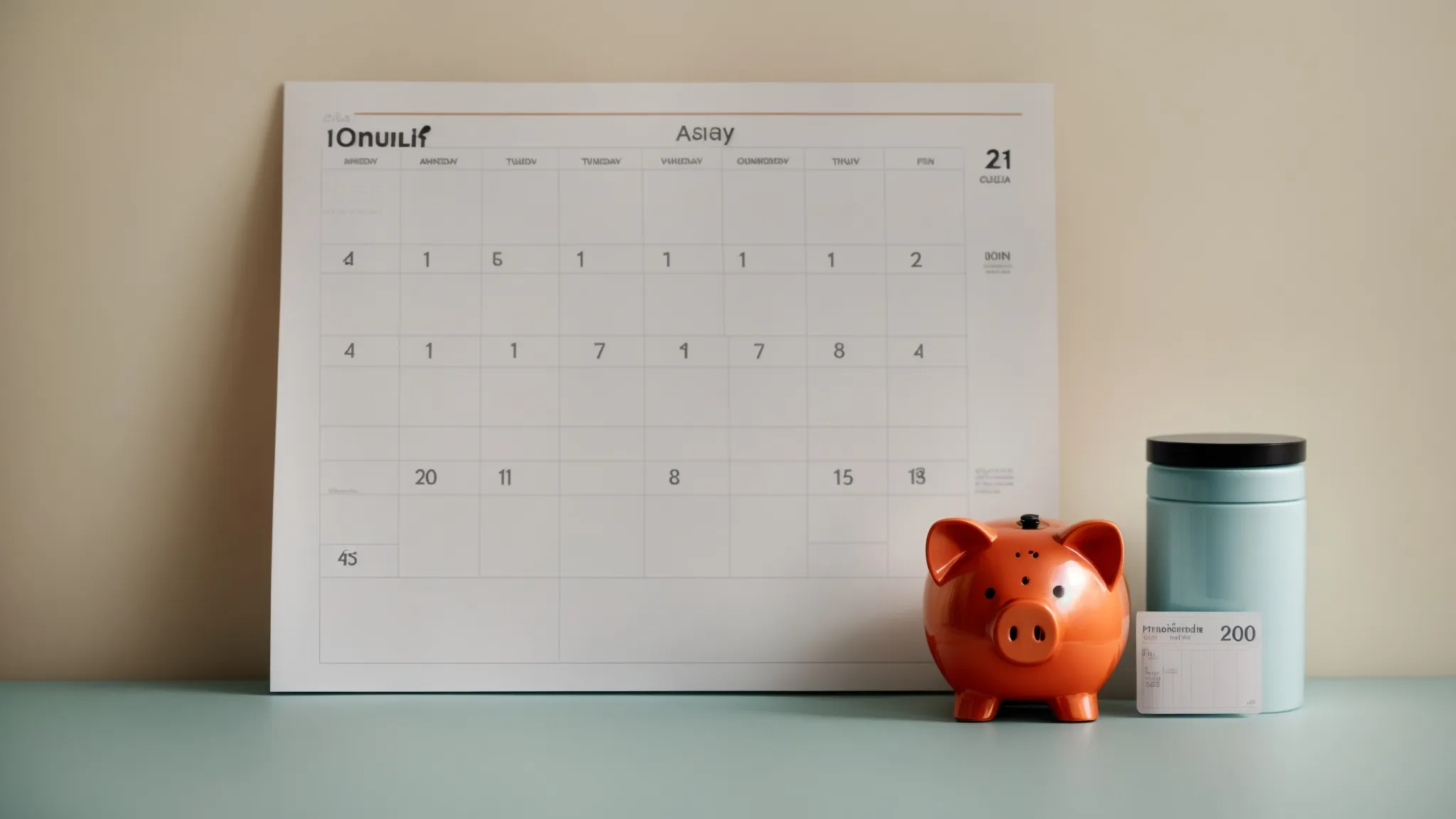 a calendar with highlighted dates next to a piggy bank on a desk.