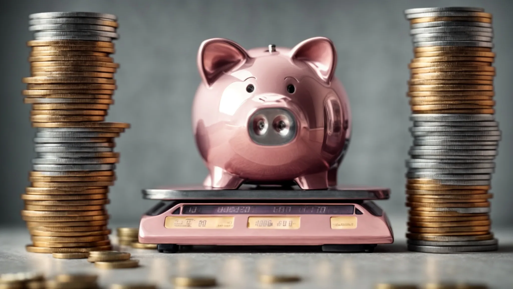 a scale perfectly balanced with stacks of coins on one side and a piggy bank on the other, illustrating financial equilibrium.