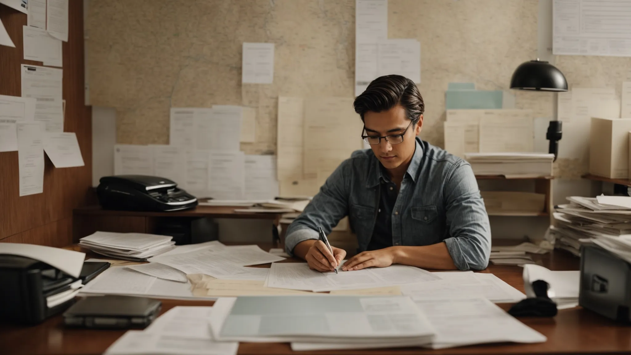 a small business owner reviews documents at a tidy desk, surrounded by state maps and tax forms.