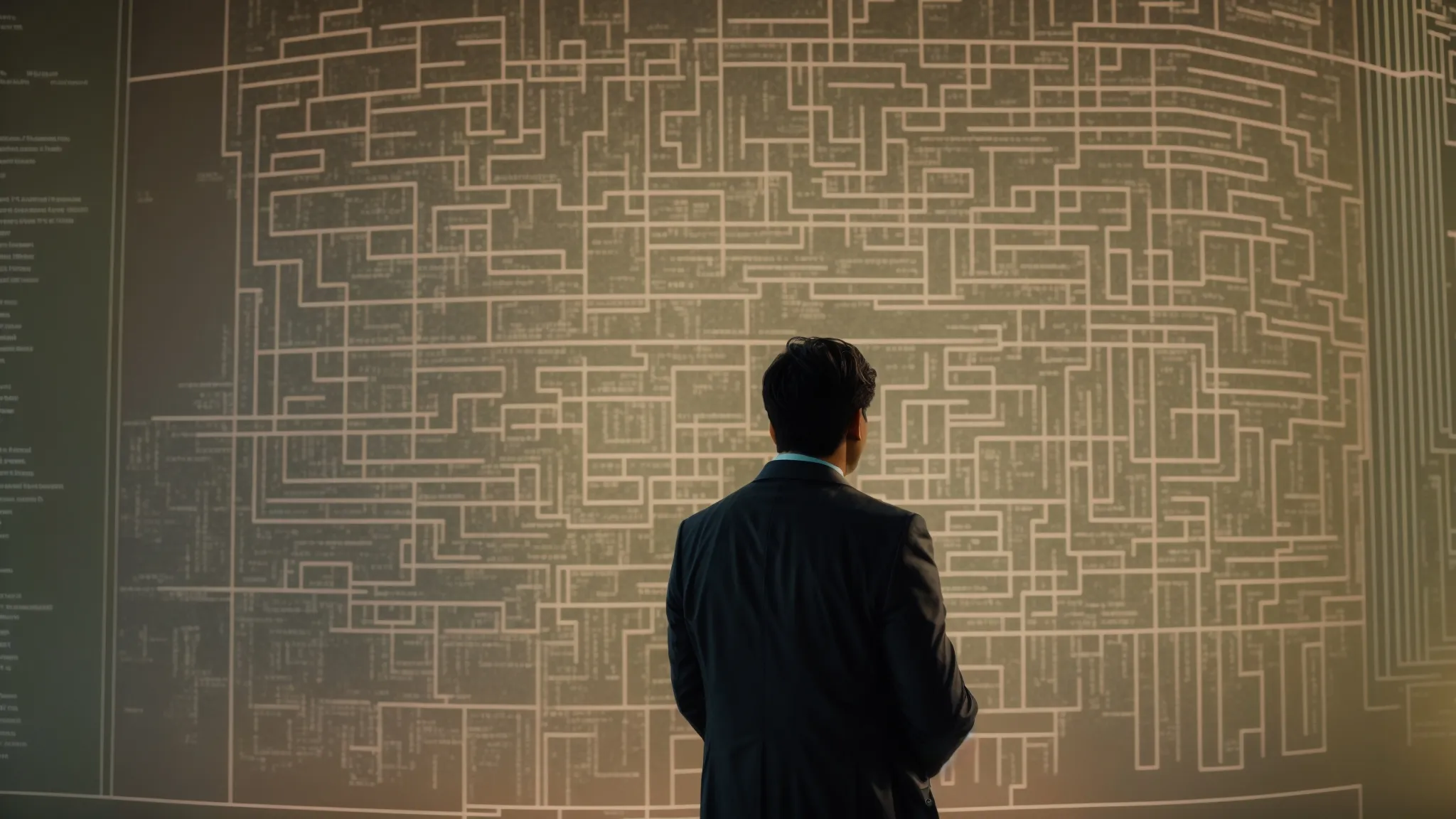 a man studying a labyrinth on a large screen, showing paths labeled with different tax credits.