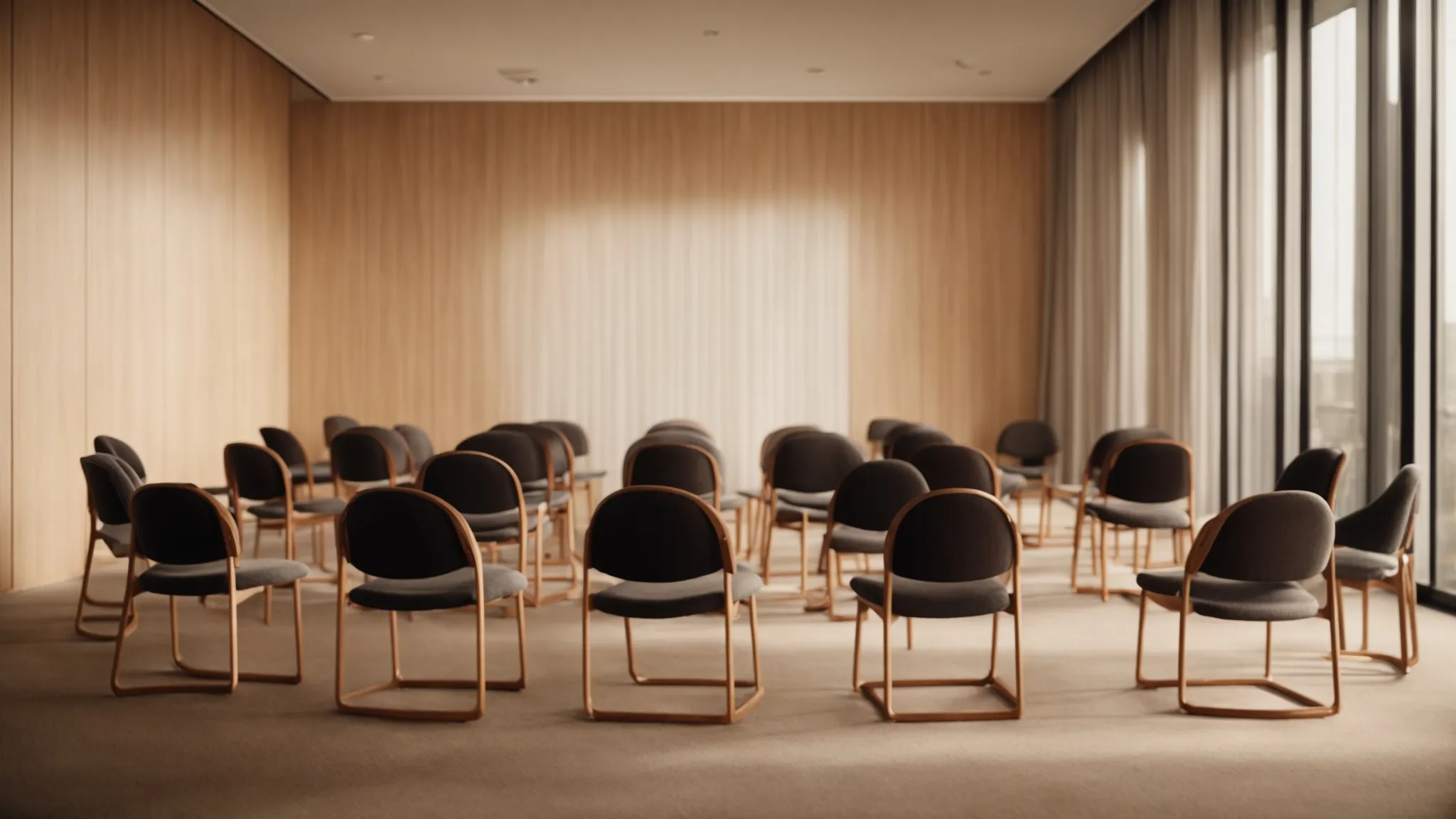 a circle of chairs in a warmly lit room, awaiting the arrival of employees for a peer support group session.