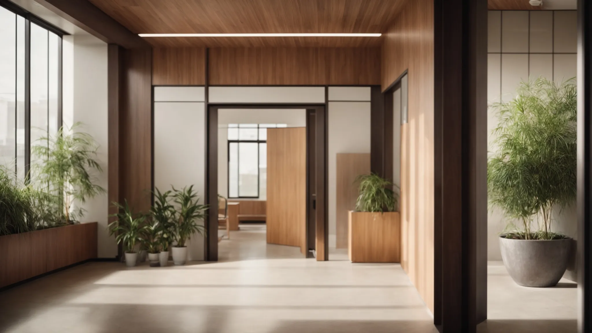 a serene office environment with an open door leading to a wellness center, symbolizing accessible support for employee well-being.