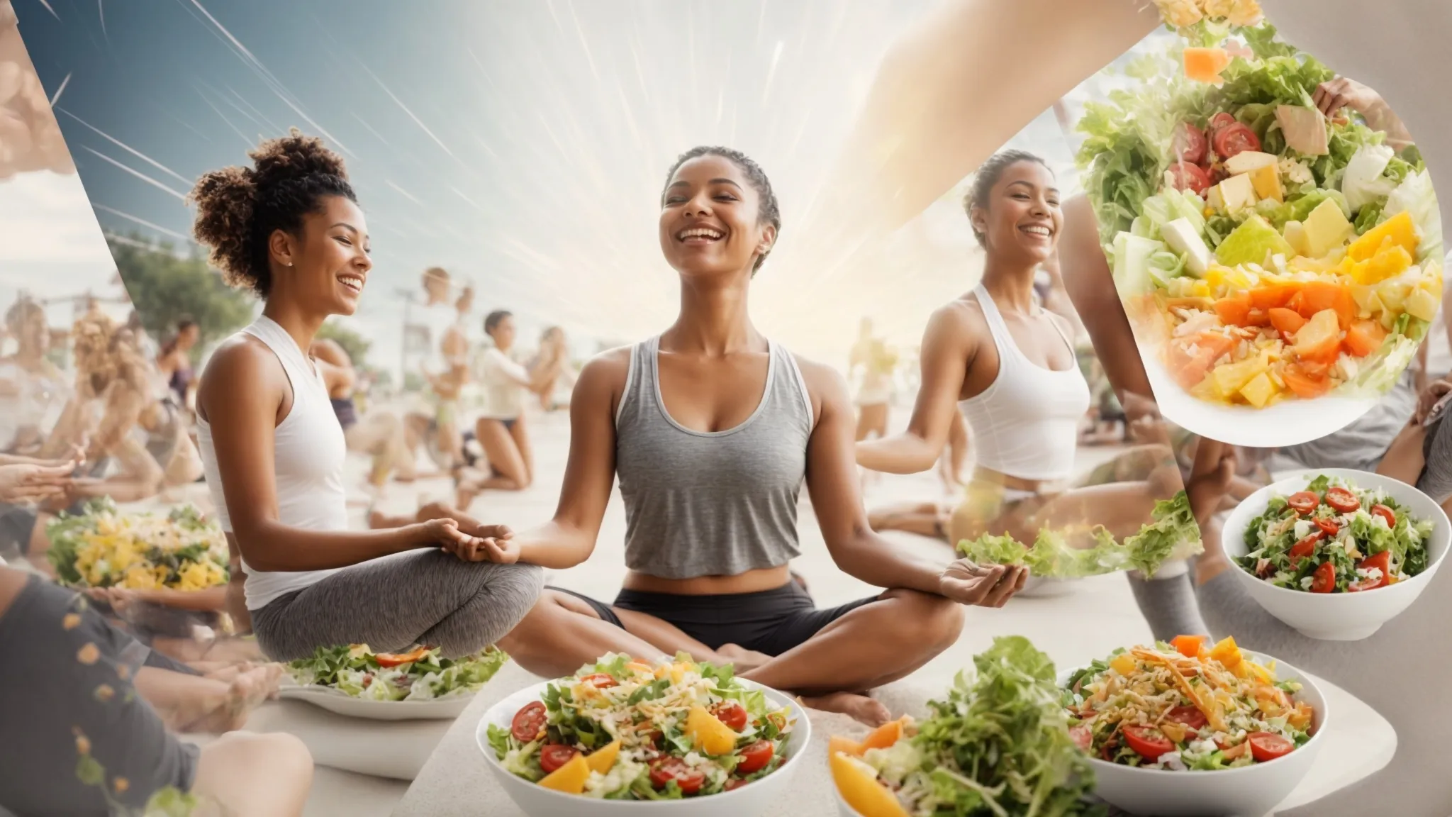 a collage of smiling people engaging in various healthy activities such as yoga, jogging, and eating salads, overlaid with subtle, abstract digital graphics representing data flow and analysis.