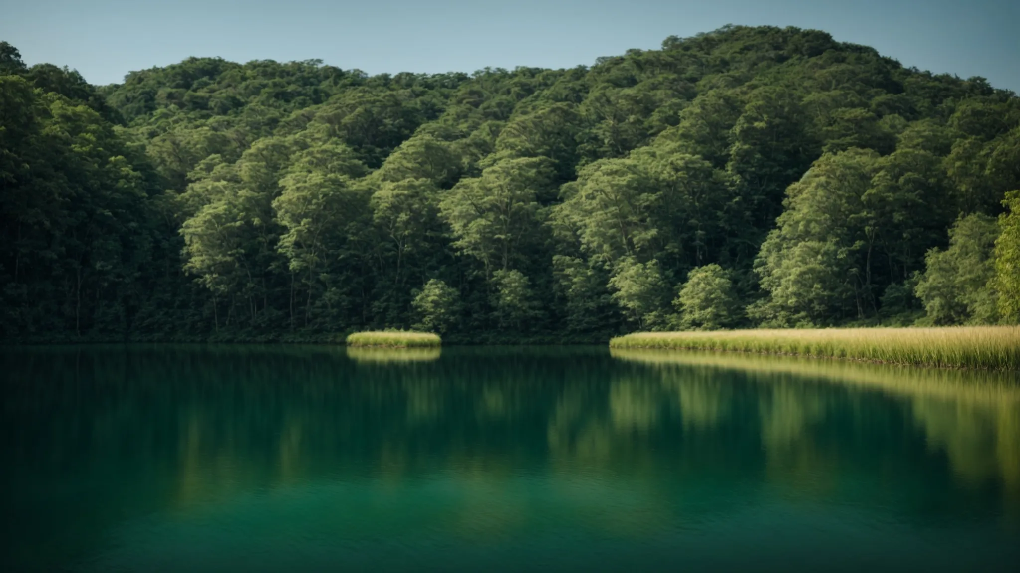 a serene lake surrounded by lush forests under a clear blue sky, symbolizing peace and tranquility.