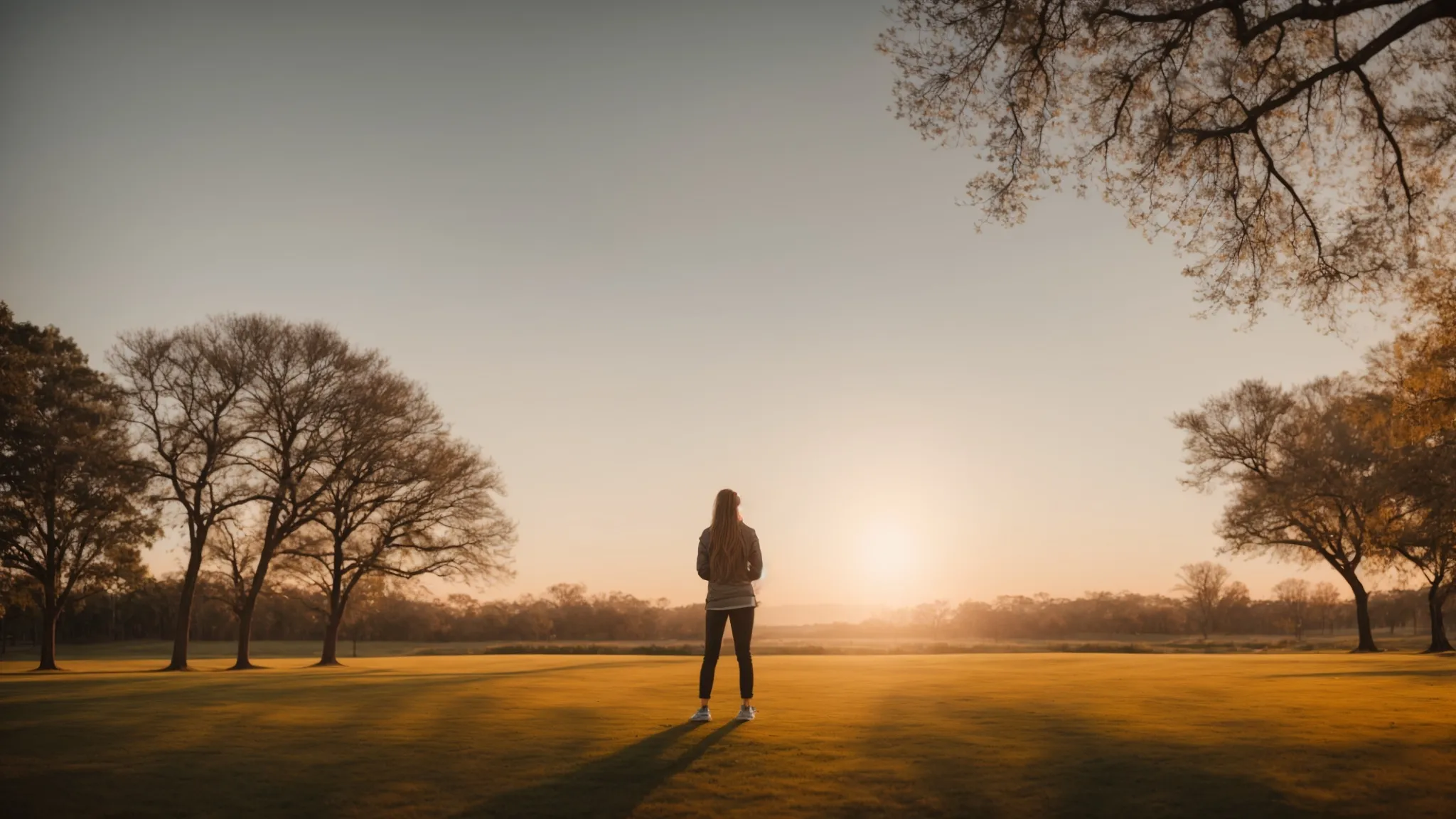 a person wearing a fitness tracker standing in a serene park at sunrise.