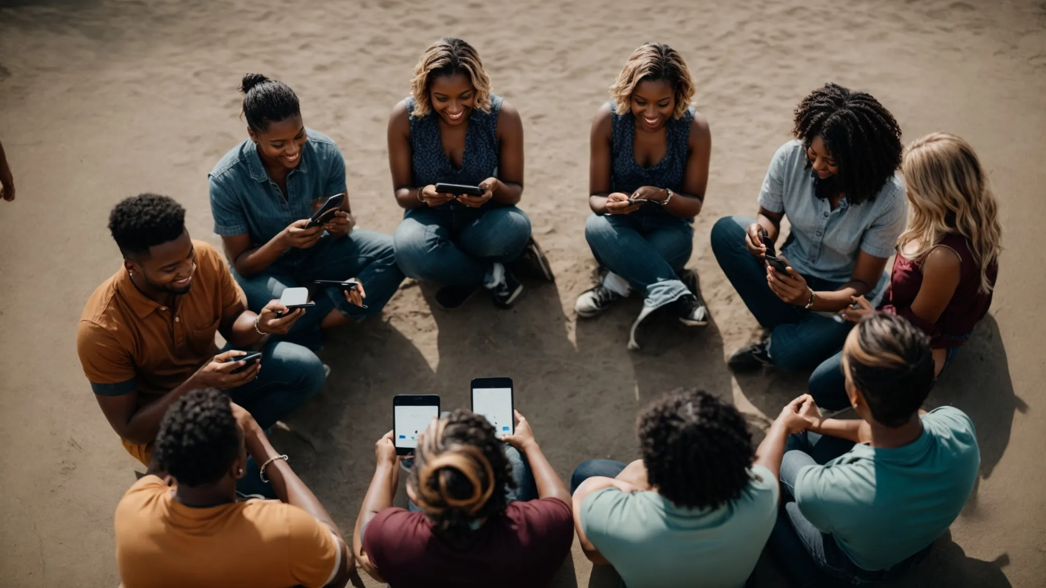 a group of diverse people sitting in a circle, each looking at their own smartphones and tablets, with expressions of engagement and smiles.