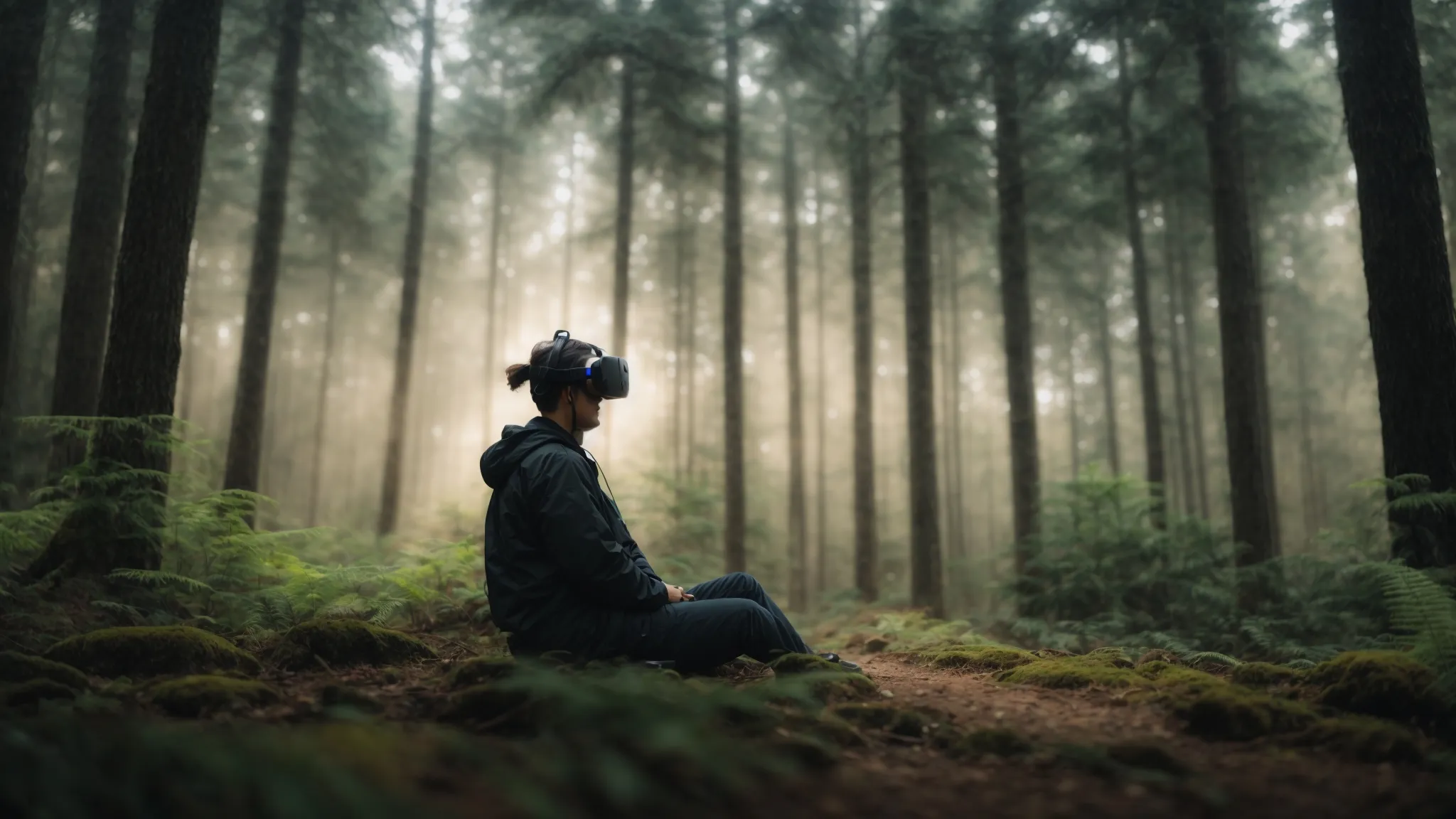a person sits peacefully in an indoor space, wearing a vr headset, surrounded by the virtual representation of a tranquil forest.
