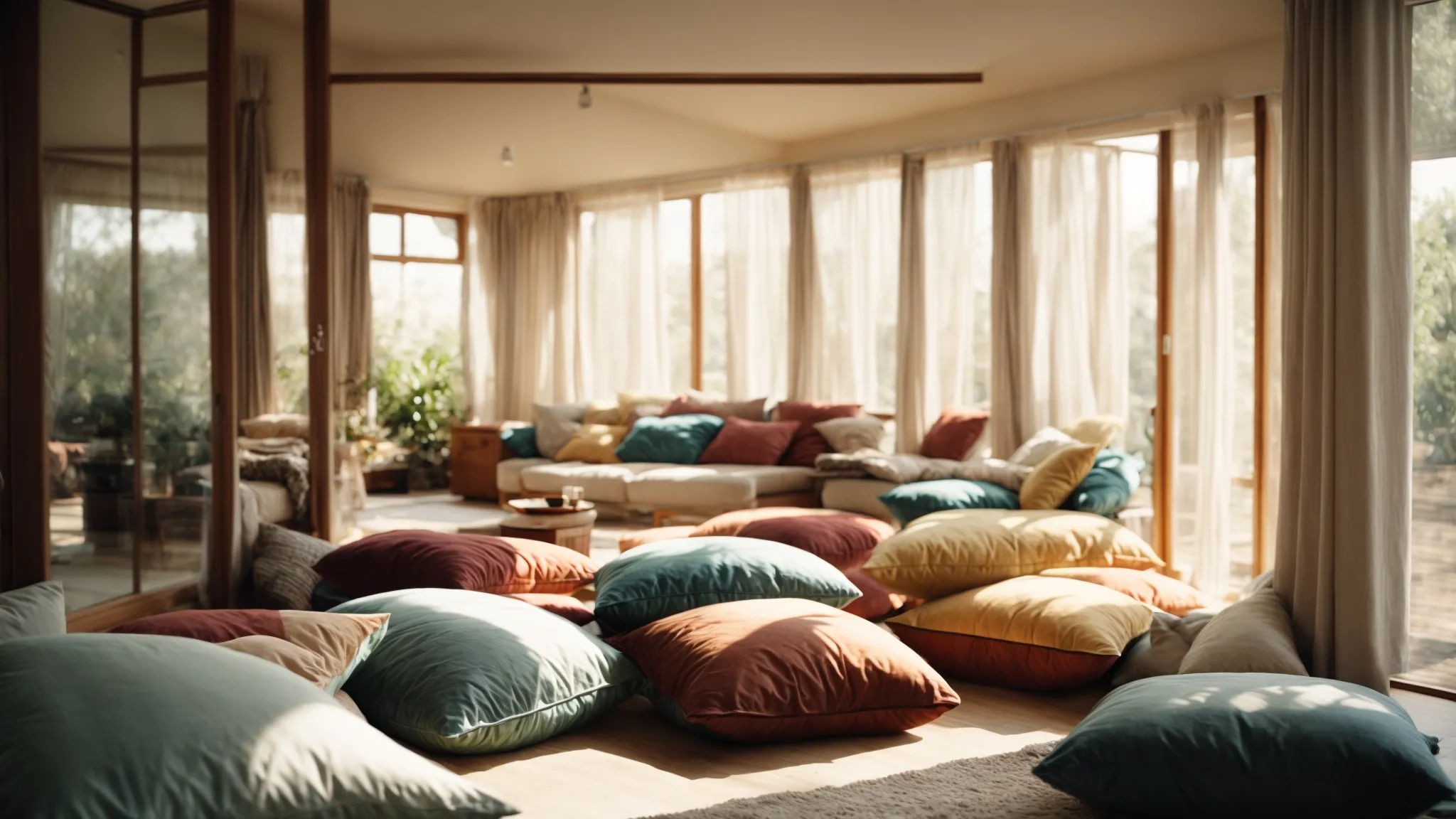 a serene room filled with cushions on the floor and soft, natural light beaming through large windows.