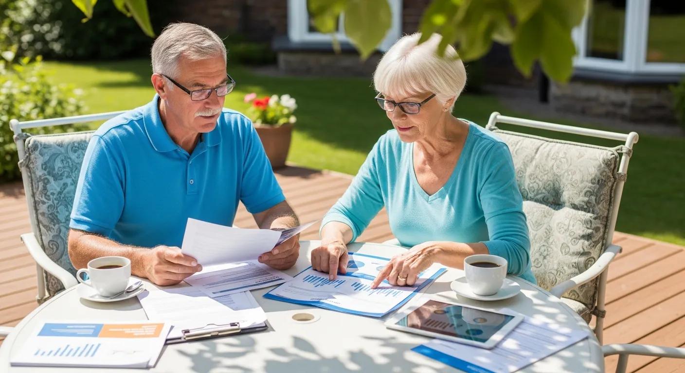 Senior couple reviewing Medicare Advantage and supplement options outdoors | ProCare Consulting Older couple reviewing health insurance documents outdoors, discussing Medicare options and coverage plans, with coffee cups and paperwork on the table.