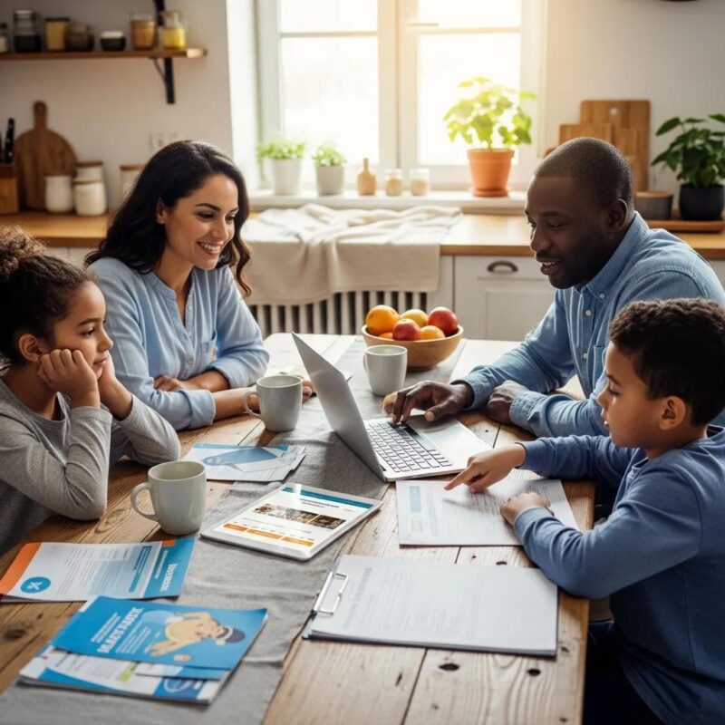 Family discussing health insurance options at home, emphasizing affordability and comprehensive coverage