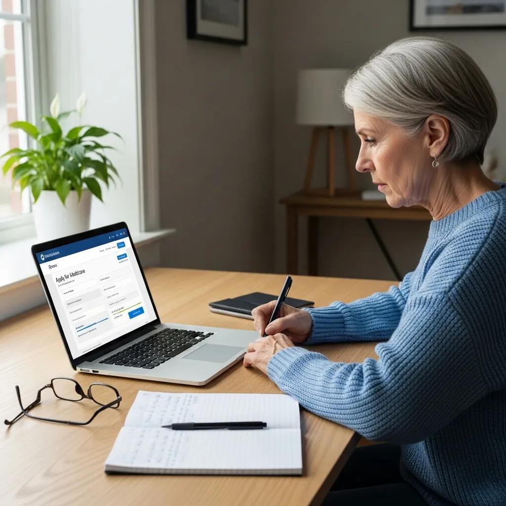A senior using a laptop at home to complete a Medicare application