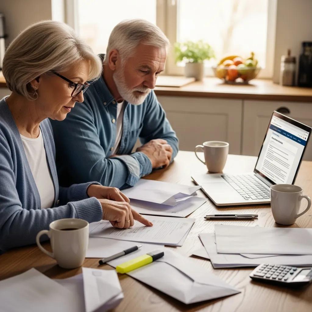 A senior couple reviewing paperwork together at their kitchen table