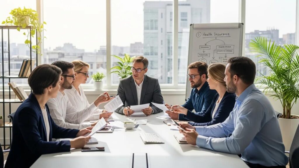 Group of diverse individuals discussing health insurance options in a modern office