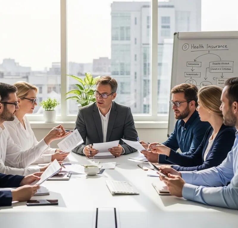 Group of diverse individuals discussing health insurance options in a modern office
