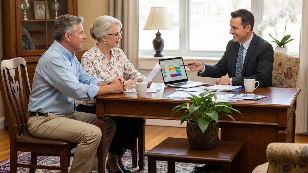 Senior couple consulting with a health insurance broker in a cozy office