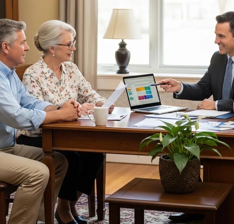 Senior couple consulting with a health insurance broker in a cozy office