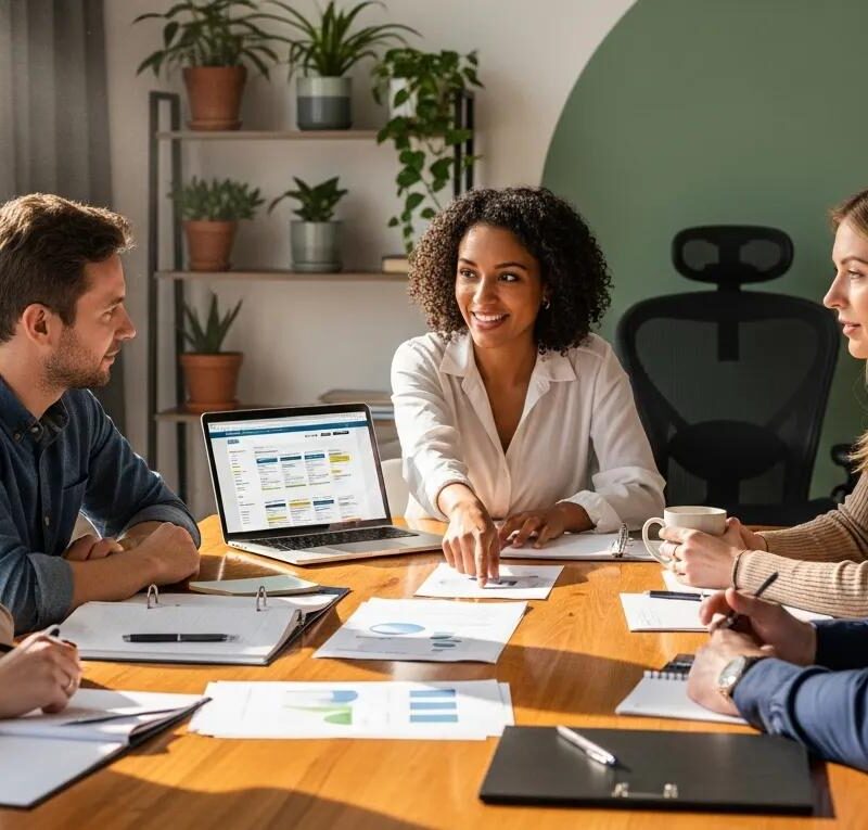 Group of diverse individuals discussing health insurance options in a cozy office environment
