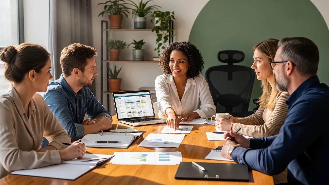 Group of diverse individuals discussing health insurance options in a cozy office environment