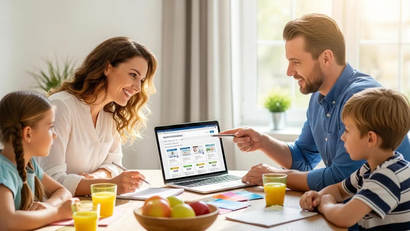 Young family discussing health insurance options at home