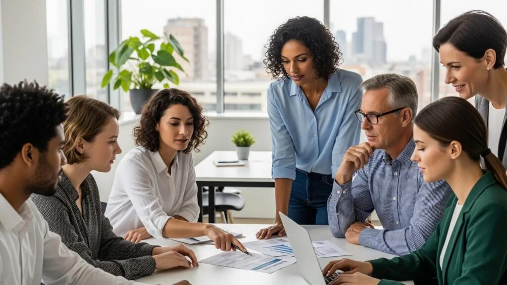 Diverse small business employees discussing health insurance options in a modern office setting