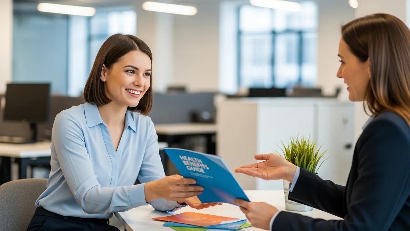 Happy employee receiving health benefits information from HR