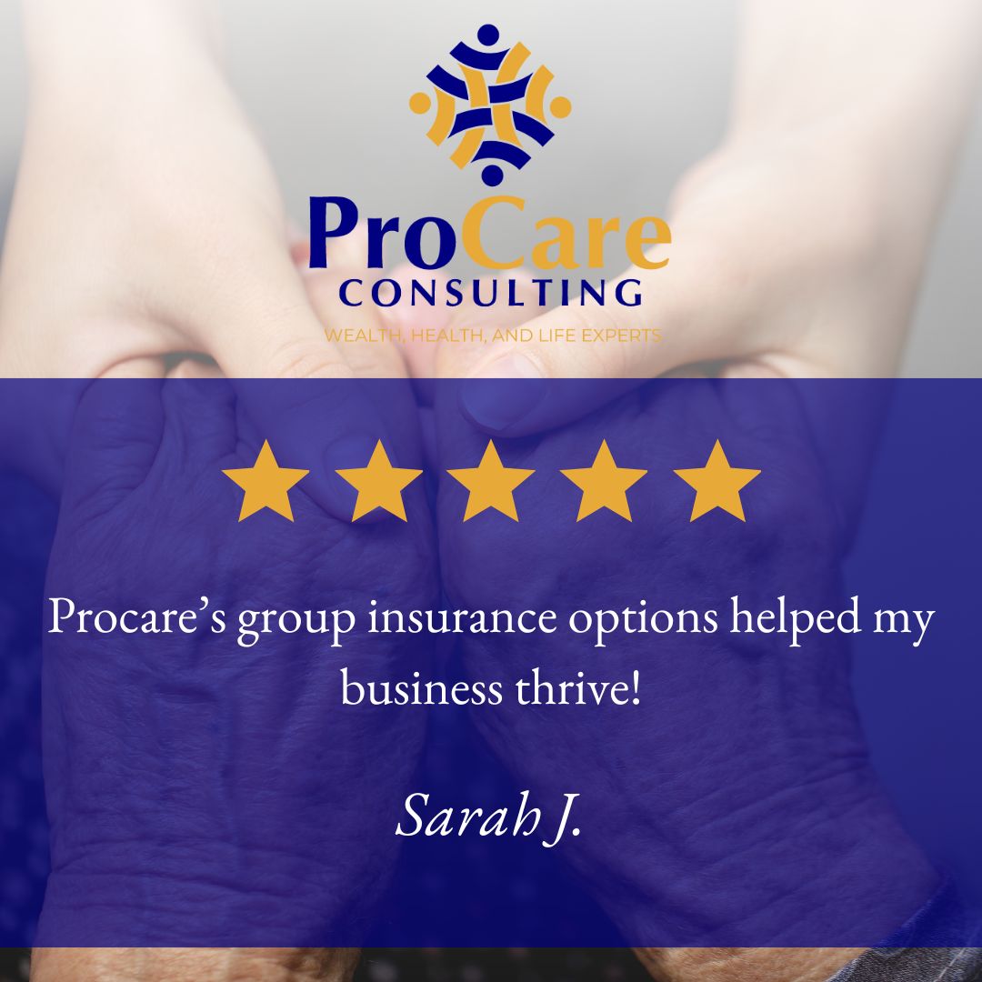 2abff615 828a 4a8d a5d0 e3840d250cc2webp | ProCare Consulting Testimonial graphic for ProCare Consulting featuring their logo, five gold stars, a blue overlay, and the quote by Sarah J.