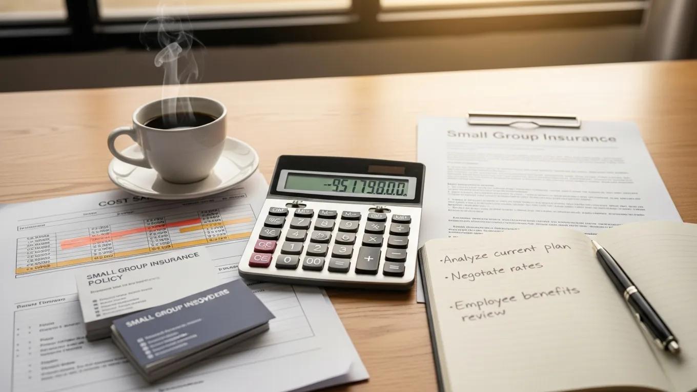 5005e23f 5e7c 43cc adf4 91a32ff00631webp | ProCare Consulting Desk setup for insurance planning: a steaming coffee cup, calculator, insurance documents, business cards, and an open notebook with tasks about analyzing current plans and negotiating rates.