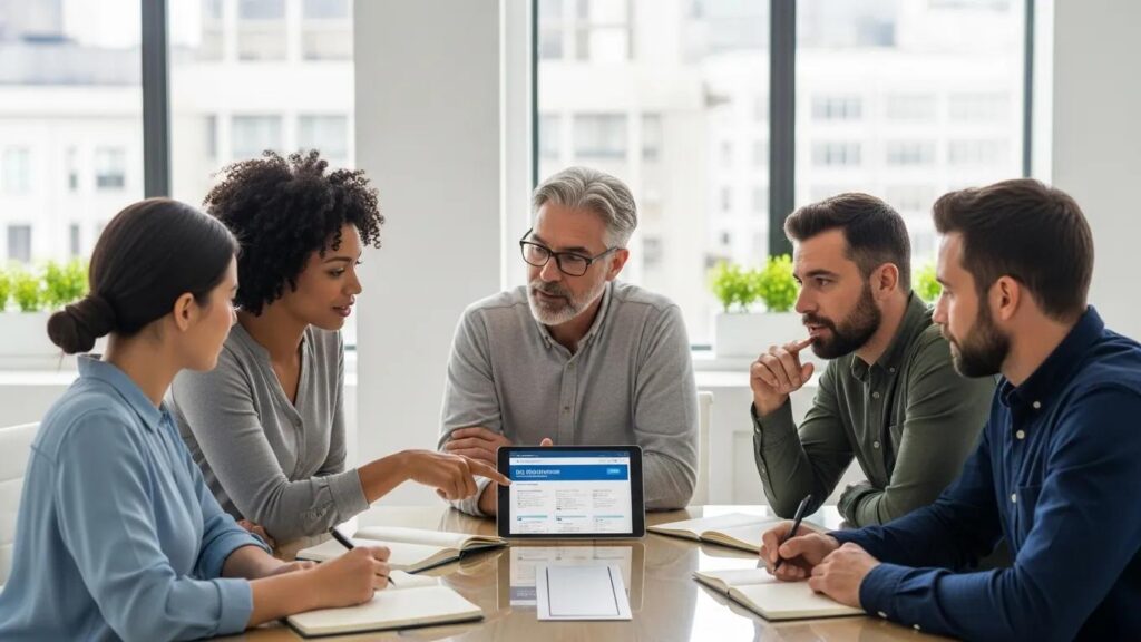 Diverse employees discussing small group health insurance in a modern office