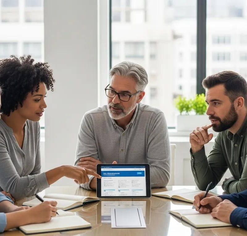 Diverse employees discussing small group health insurance in a modern office