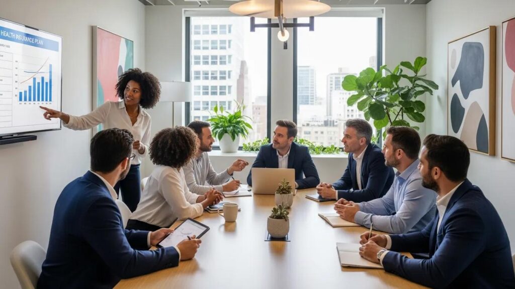Diverse employees discussing small group health insurance in a modern office