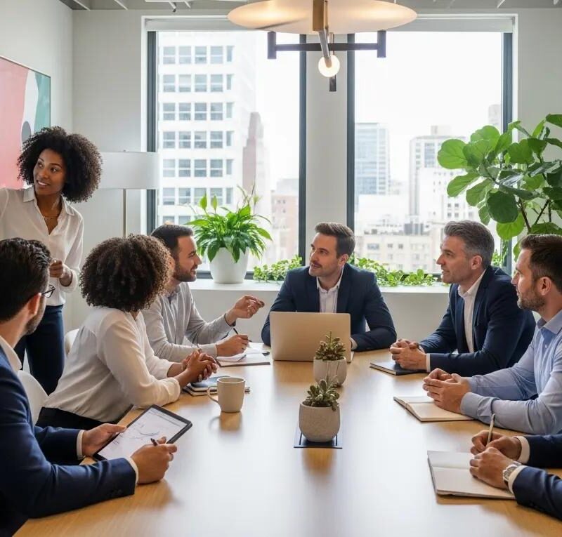 Diverse employees discussing small group health insurance in a modern office