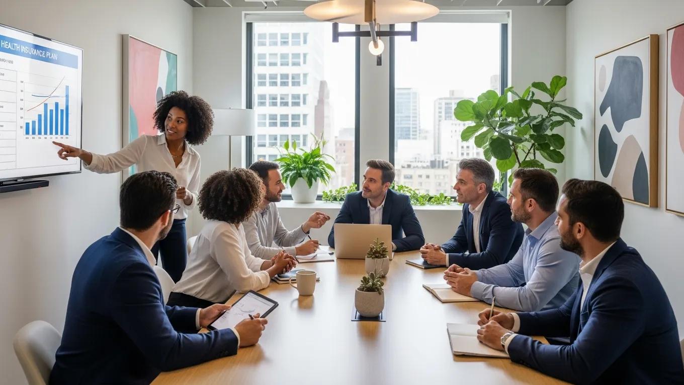 Diverse employees discussing small group health insurance in a modern office