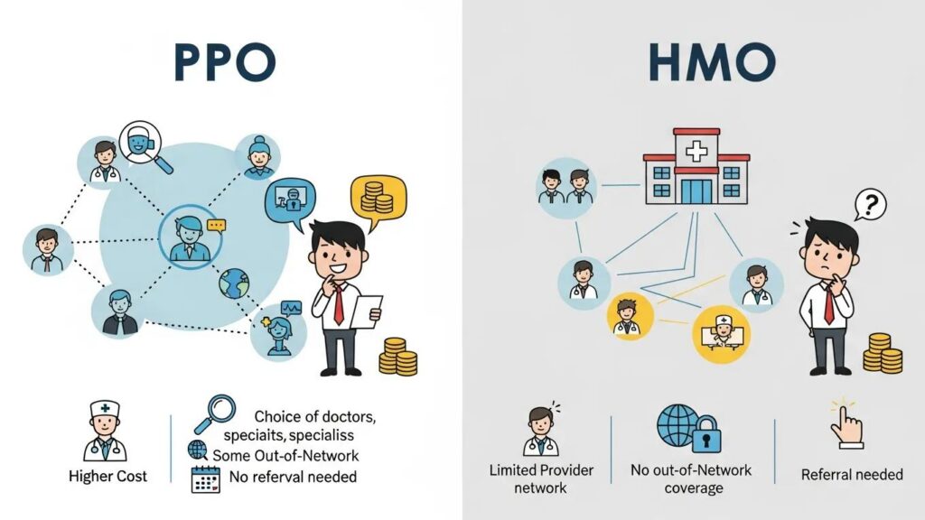 c5e45972 1fa1 401b a1bc bfbf1cecbb56 | ProCare Consulting Illustration comparing PPO and HMO health insurance plans for small businesses