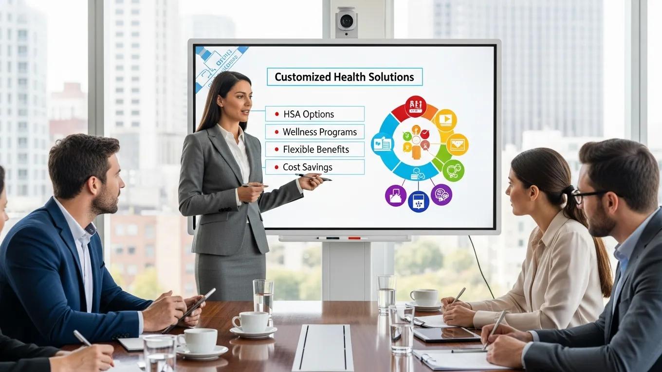Consultant explaining customization options for small group health insurance in a business meeting