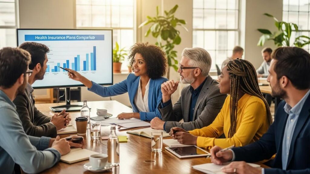 Diverse employees discussing small group insurance options in a collaborative office setting