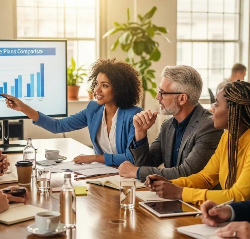 Diverse employees discussing small group insurance options in a collaborative office setting