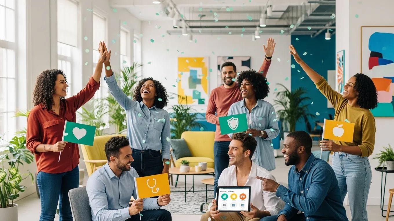 Happy employees celebrating health benefits in a vibrant workplace setting