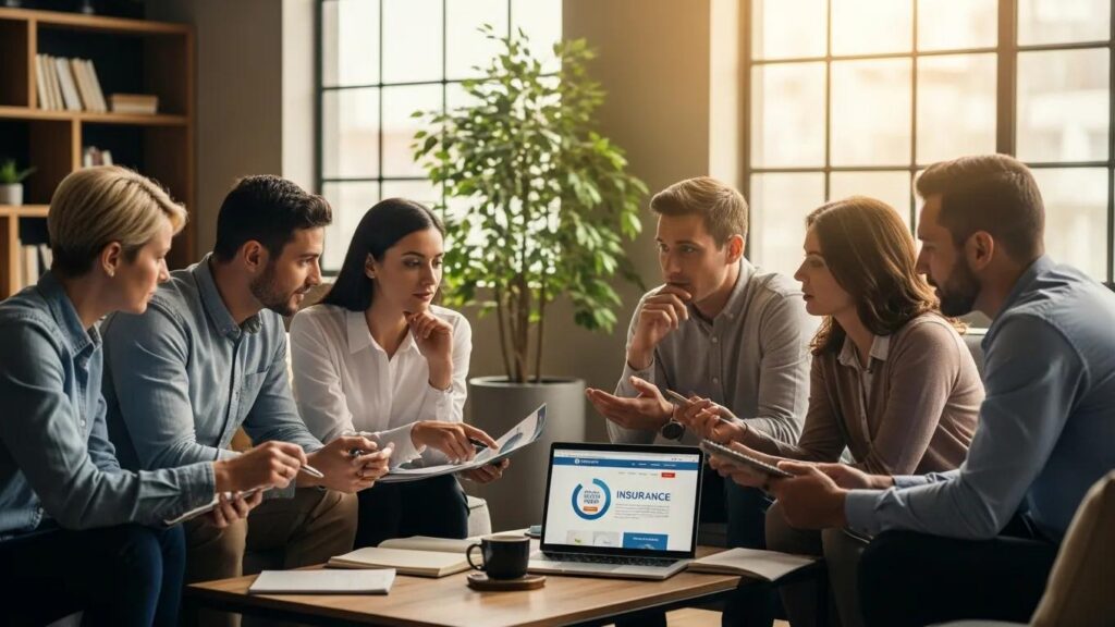 Diverse employees discussing small group health insurance options in a warm office setting