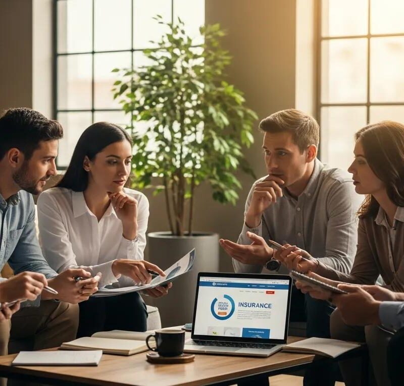 Diverse employees discussing small group health insurance options in a warm office setting