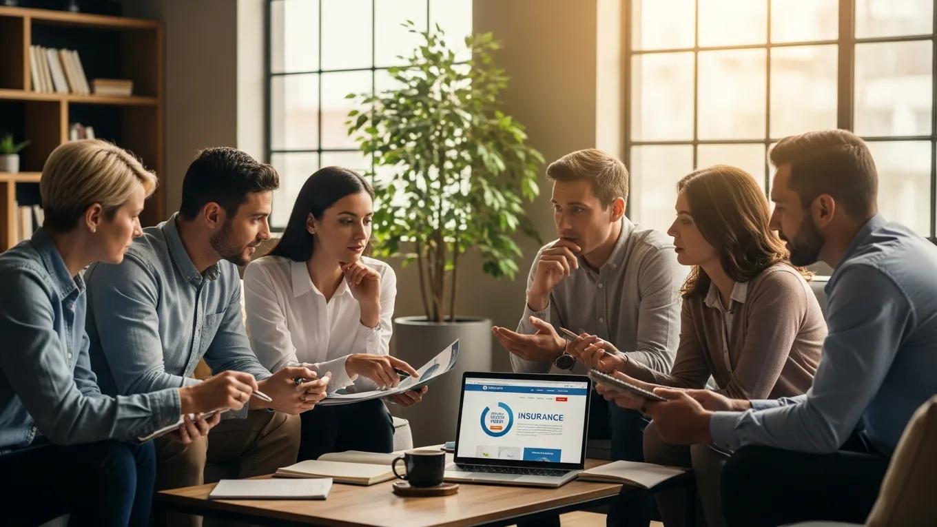 Diverse employees discussing small group health insurance options in a warm office setting
