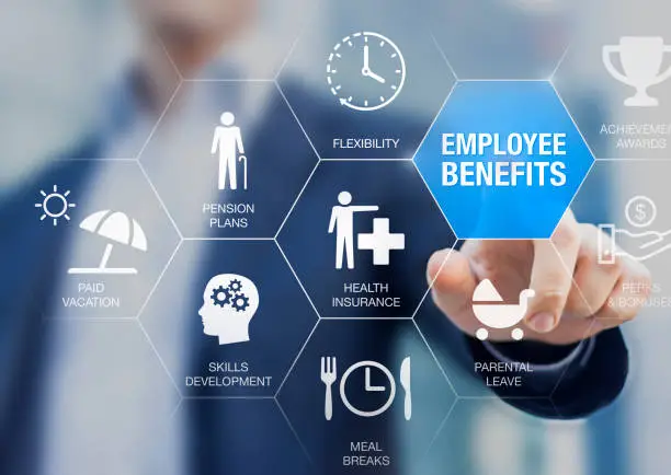 Graphic highlighting employee benefits like health insurance, paid leave, and flexibility that show the advantages of small group health insurance for Florida businesses.