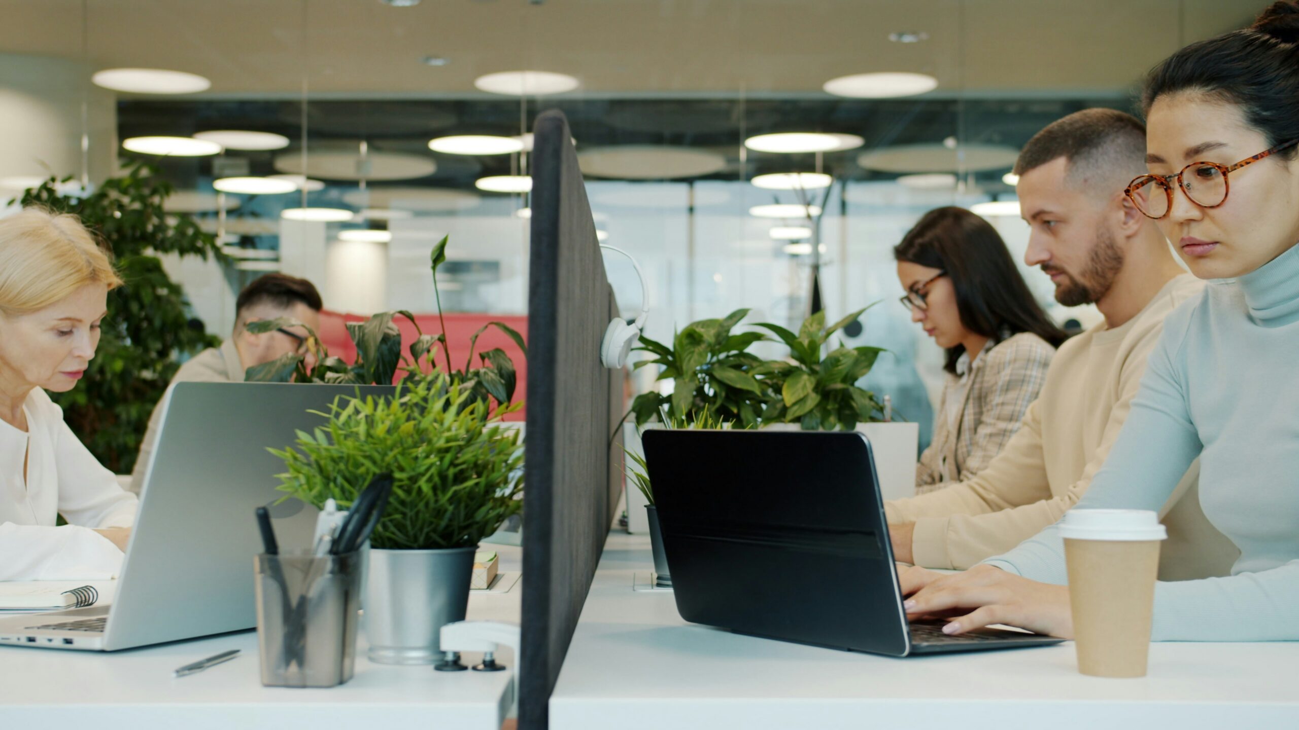 Group of coworkers working at desks in a modern open-plan office with laptops and plants.