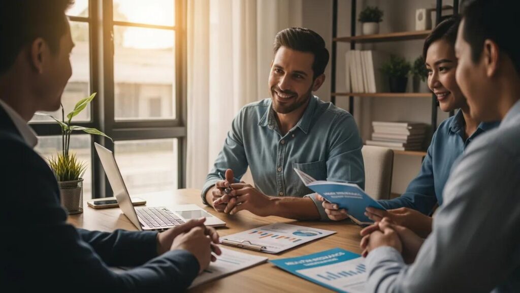 Small business owner discussing health insurance with employees in a cozy office setting