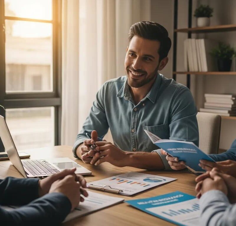 Small business owner discussing health insurance with employees in a cozy office setting