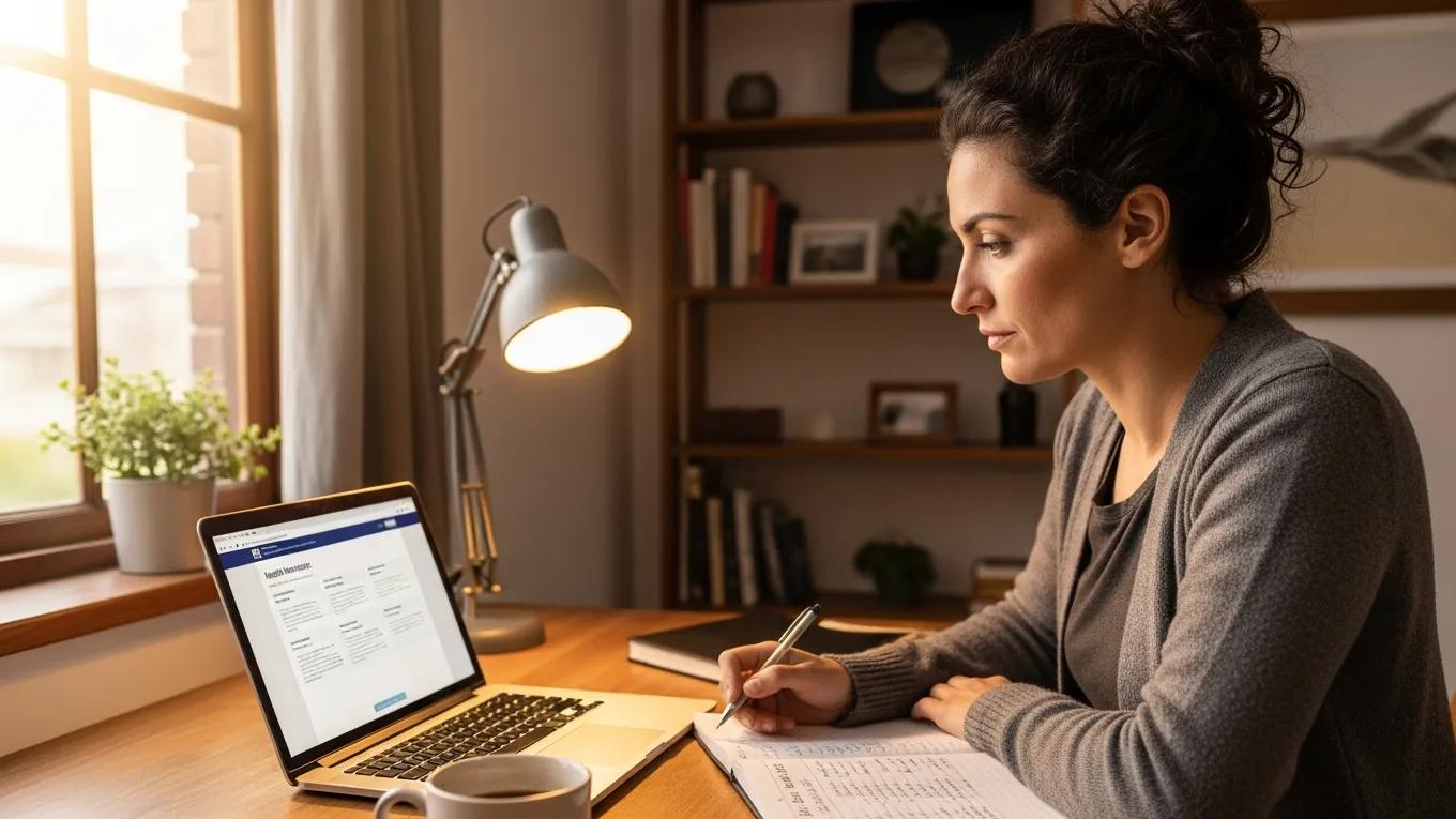 Small business owner reviewing health insurance options on a laptop in a cozy home office