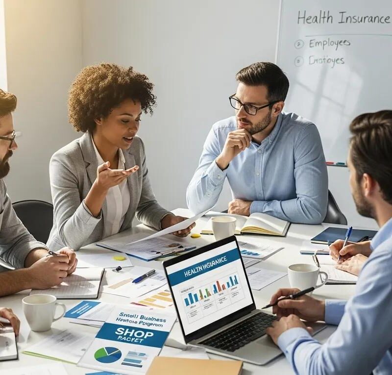 Small business owners collaborating on health insurance options in an engaging meeting